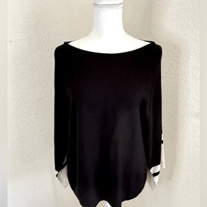 Eileen Fisher Black Ivory Bateau‎ Neck Striped Sleeve Sweater Silk Blend Medium